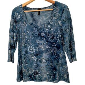 Vintage Y2K Susan Lawrence Shirt Top Large Blue Floral Paisley Silver Metallic